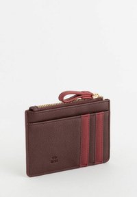 RFID blocking wallet in dark burgundy pebbled leather with a zip closure, four card slots, and a red accent stripe.
