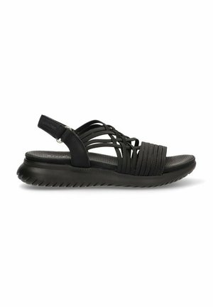 Sandalias negras con suela texturizada, que presentan tiras entrelazadas y una correa trasera para mayor soporte. Diseño ligero con suela de goma flexible.