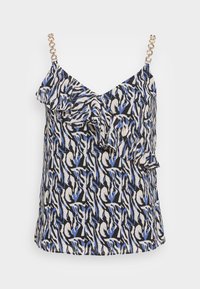 Top bez rukávů s abstraktním vzorem v modré, černé a krémové barvě. Obsahuje volánky a zlaté řetízkové ramínka. Hladká textura, volný střih.