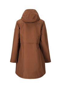 Bruine waterdichte jas met een capuchon, voorzien van een rechte snit en lange mouwen. Glad oppervlak en minimalistisch ontwerp met een details van een achterventilatie.