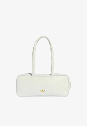 Biała skórzana torebka o prostokątnym kształcie, z dwoma długimi uchwytami, złotym logo oraz jasnoniebieskim obszyciem na krawędziach. Zapięcie na zamek błyskawiczny.