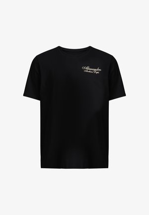 Black short-sleeve T-shirt with beige cursive text "Alessandro Archive Dept." on the left chest.