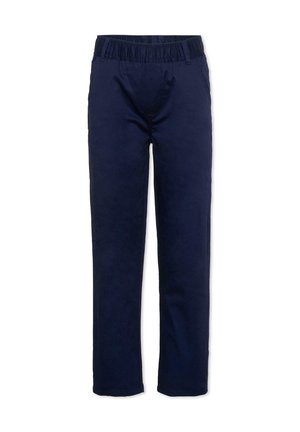 Pantalon bleu marine à jambes droites avec taille élastique et poches latérales, conçu pour un usage décontracté ou quotidien.