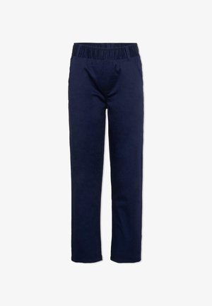 Pantalon bleu marine à jambes droites avec taille élastique et poches latérales, conçu pour un usage décontracté ou quotidien.