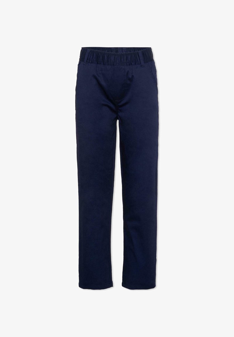Pantalon bleu marine à jambes droites avec taille élastique et poches latérales, conçu pour un usage décontracté ou quotidien.