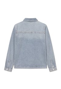 Light blue denim jacket with a collared neck, long sleeves, button cuffs, and a straight hem. Features a back yoke seam.