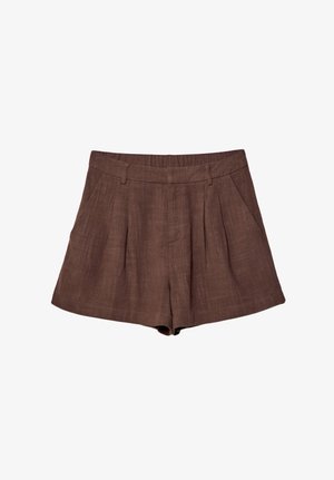 Braune Leinen-Shorts im High-Waist-Design, mit Falten und seitlichen Taschen, glatter Textur und lässigem Schnitt.