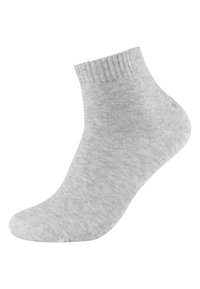 Calcetín gris hasta el tobillo con un puño acanalado y textura lisa. Confeccionado con un material suave, presenta un diseño clásico y una puntera sin costuras.