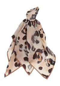 Leopard print silk scarf in beige and brown, featuring a smooth texture, triangular shape, and contrasting brown border. Tag attached.