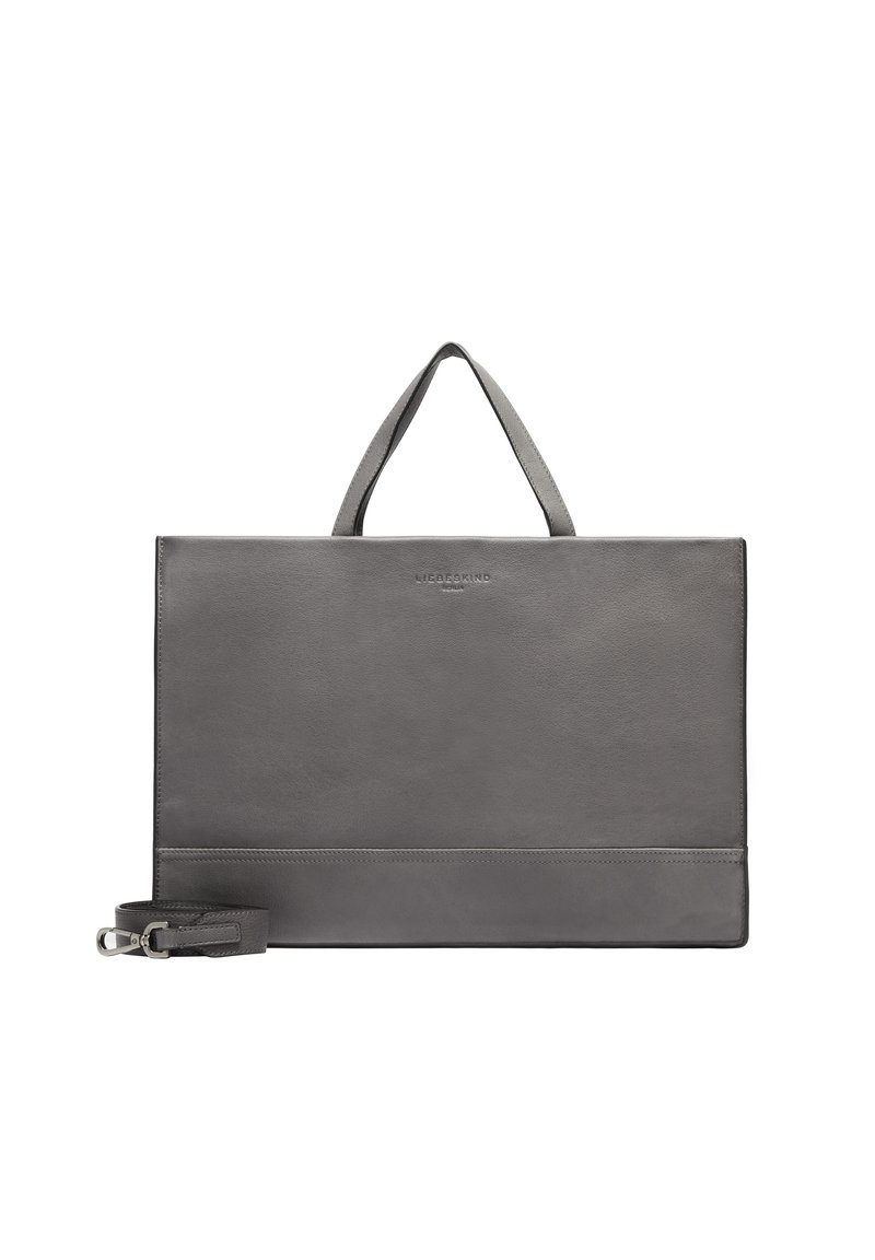 Szara skórzana torba tote z podwójnymi uchwytami i odczepianym paskiem na ramię. Charakteryzuje się eleganckim, minimalistycznym designem oraz gładką fakturą z subtelnym logo.