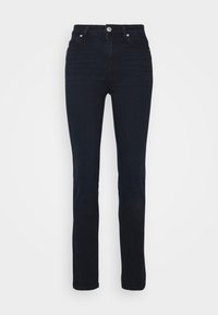 Jeans de mezclilla azul oscuro con diseño de pierna recta, estilo de cinco bolsillos, cierre con botón de metal y detalles de costura sutiles.
