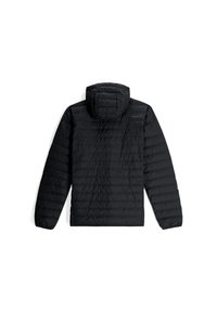 Zwarte pufferjack met capuchon, voorzien van een quiltpatroon, textuurstof en een logo op de schouder. Achteraanzicht.