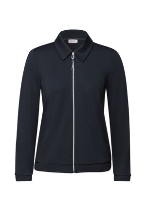 Dunkelblaues Zip-Jackett mit einem kragenförmigen Halsauschnitt, langen Ärmeln, zwei Seitentaschen und silbernem Reißverschlussdetail. Weicher, glatter Stoff.