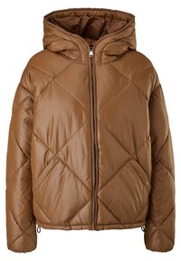 Brun puffjacka med quiltat mönster, huva och framdragkedja. Tillverkad av glänsande, slätt material med elastiska detaljer vid ärmsluten.