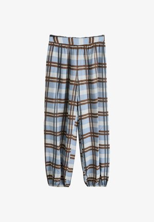 Lõdvalt istuvad püksid, millel on elastne vöökoht ja mansetid, sinise, valge ja pruuni ruudulise mustriga.