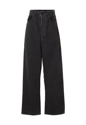 Jeans neri in denim a vita alta, taglio ampio, con bottone frontale, chiusura con zip e design a cinque tasche.