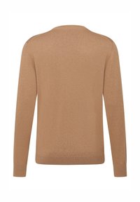 Brauner gestrickter Pullover, lange Ärmel, Rundhalsausschnitt, gerippte Bündchen und Saum, glatte Textur, einfarbig, schlichtes Design, keine Muster oder Akzente.