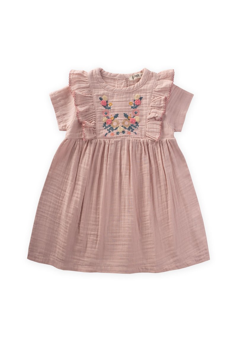 Rosa Baumwollkleid mit kurzen Ärmeln, Rüschendetails und floralem Stickmuster auf dem Oberteil. Ausgestellter Rock aus einem texturierten, leichten Stoff.