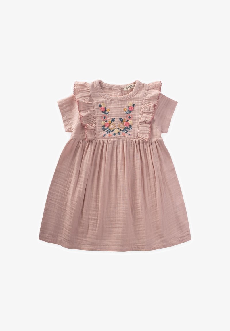 Roza bombažna obleka s kratkimi rokavi, nagubani detajli in cvetličnim vezenjem na zgornjem delu. Obleka s širokim krilom in teksturirano, lahko tkanino.