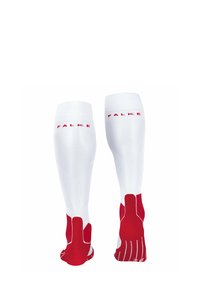 Weiße Kniestrümpfe mit roten Akzenten. Sie verfügen über einen strukturierten Stoff, einen gerippten Bund und das rote "FALKE"-Logo. Das unverwechselbare Fußdesign verbessert den Halt.
