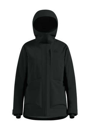 Schwarze Kapuzenjacke mit Reißverschluss vorne, zwei Seitentaschen, langen Ärmeln mit verstellbaren Bündchen und Markenlogo auf der Brust.