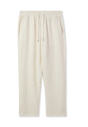 Pantaloni leggeri beige, comodi e larghi, con elastico in vita e cordoncino. Presentano due tasche laterali e un design a gamba dritta.