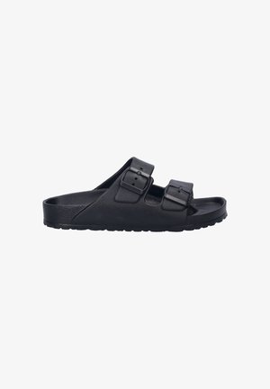 Black slide sandal made of textured synthetic material, featuring two adjustable buckles and a durable, ridged rubber sole.