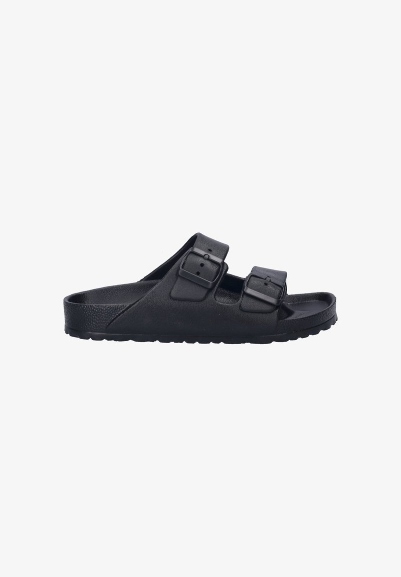 Black slide sandal made of textured synthetic material, featuring two adjustable buckles and a durable, ridged rubber sole.
