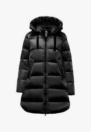 Piumino nero con zip frontale, cappuccio e lacci elasticizzati. Motivo a trapunta con finitura lucida, che arriva fino a metà coscia.