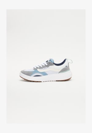 Gray and blue sneaker featuring a mix of suede and mesh materials, white midsole, and textured rubber outsole. Includes white laces and a pull tab.