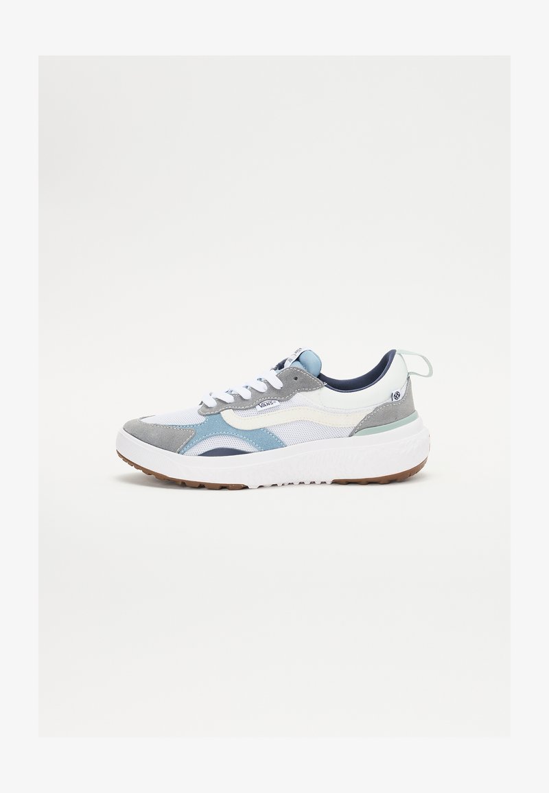 Gray and blue sneaker featuring a mix of suede and mesh materials, white midsole, and textured rubber outsole. Includes white laces and a pull tab.