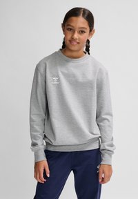 Felpa grigia con scollo a giro, maniche lunghe e polsini a coste. Presenta un logo bianco "hummel" sul petto e un design semplice.