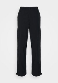 Zwarte cargo broeken met een elastische tailleband, knoopsluiting en zijzakken. Ontworpen met rechte pijpen en een gestructureerde stof.