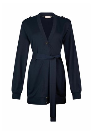 Cárdigan azul marino de manga larga con cuello en V, detalles de botones, cinturón para atar en la cintura y mangas con puños, presentado sobre un fondo blanco.