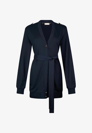 Cardigan a maniche lunghe blu navy con scollo a V, bottoni, cintura da annodare in vita e polsini, mostrato su sfondo bianco.