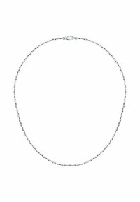 Silver chainhalsband med en vriden design och ovala länkar, mjuk yta och en krabbklolås för säker fastsättning.