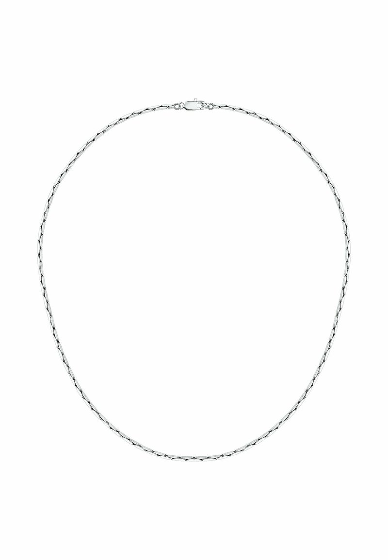 Silver chainhalsband med en vriden design och ovala länkar, mjuk yta och en krabbklolås för säker fastsättning.