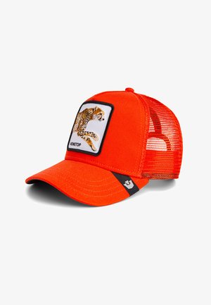 Gorra de béisbol de malla naranja brillante con un parche de un guepardo corriendo y la palabra "NONSTOP" en el panel delantero.