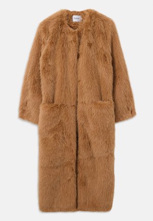 Long, camel-brown faux fur coat with a collarless design and two front pockets, displayed against a plain white background.