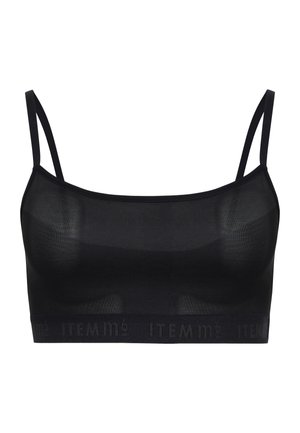 Schwarzes Bralette aus transparenter Stoff, mit verstellbaren Trägern und einem breiten Bund mit dezentem Schriftzug "ITEM m6".