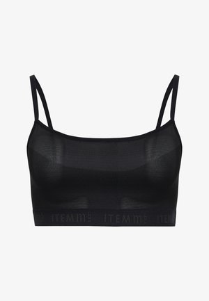Black bralette made of sheer fabric, featuring adjustable straps and a wide band with the brand name "ITEM m6" in subtle lettering.