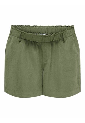 Shorts pour femmes vert olive avec taille élastiquée froncée, passants de ceinture, couture avant et ourlet droit sur fond blanc.