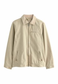 Vaalean beige puuvillatakki, jossa on kauluspanta, edessä vetoketju, kaksi sivutaskua ja rintatasku. Yksinkertainen muotoilu, jossa on minimaalinen yksityiskohta.