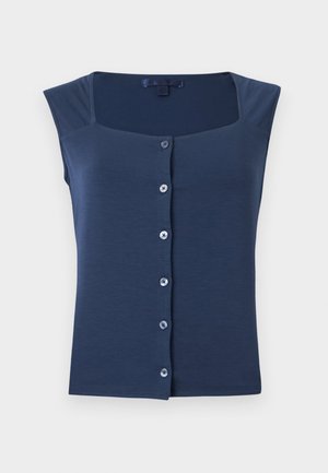 Tumši zilā piedurkņu blūze ar kvadrātveida kakla izgriezumu un poga priekšpusē, attēlota uz tīras baltas fona.