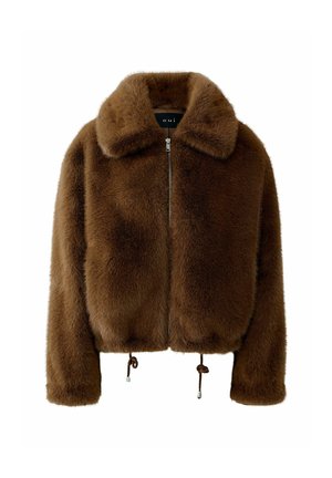 Bruine faux fur ritsjack met brede kraag en verstelbare trekkoorden aan de zoom, weergegeven op een effen witte achtergrond.
