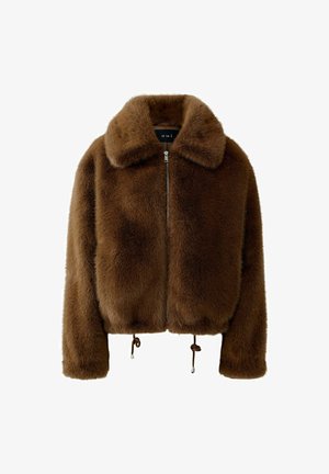 Brown faux fur zip-up jacket with wide collar and adjustable drawstrings at hem, displayed on a plain white background.