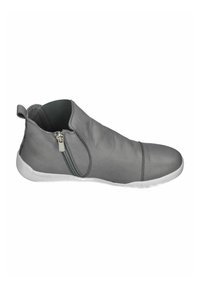Gray ankle boot with a smooth leather finish, side zipper closure, and white rubber sole, featuring a slightly tapered design.