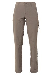 Pantalones exteriores ligeros de color beis con una textura suave, que cuentan con un bolsillo con cremallera en el costado y detalles cosidos a lo largo de las costuras.