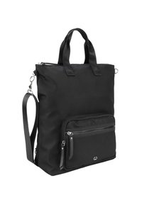 Sort nylon tote taske med dobbelt overhåndsrem, justerbar skulderrem og en frontlomme med lynlås udstyret med sølvfarvet hardware.