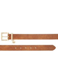 Tan leather belt with a gold metal buckle, featuring a small attached charm. The belt is smooth in texture with five adjustment holes.